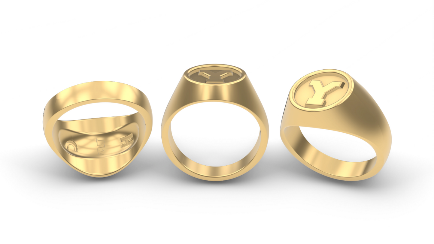14K GOLD Y RING STERLING SILVER 14K GOLD PLATINUM SIGNET RINGS BYU "Y" LETTER RING DESIGNED AND MANUFACTURED IN LOS ANGELES CALIFORNIA