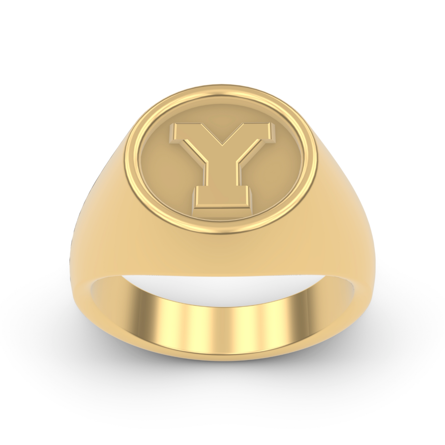 14K GOLD FRONT VIEW STERLING SILVER 14K GOLD PLATINUM SIGNET RINGS BYU "Y" LETTER RING DESIGNED AND MANUFACTURED IN LOS ANGELES CALIFORNIA