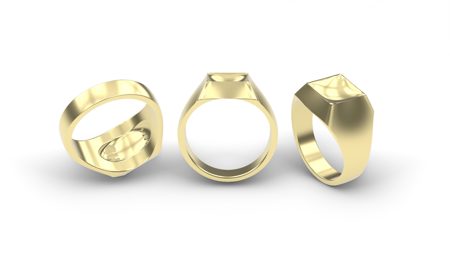 GOLD INTROVERTED SQUARE SIGNET RING STERLING SILVER, 14K GOLD, PLATINUM INTROVERTED SQUARE SIGNET RING DESIGNED AND MANUFACTURED IN LOS ANGELES CALIFORNIA.