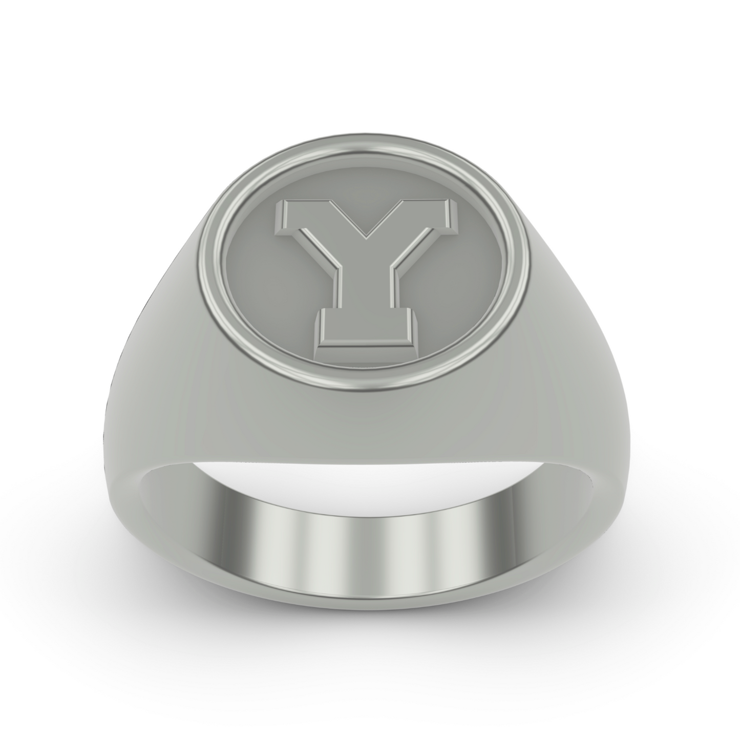PLATINUM Y FRONT VIEW STERLING SILVER 14K GOLD PLATINUM SIGNET RINGS BYU "Y" LETTER RING DESIGNED AND MANUFACTURED IN LOS ANGELES CALIFORNIA