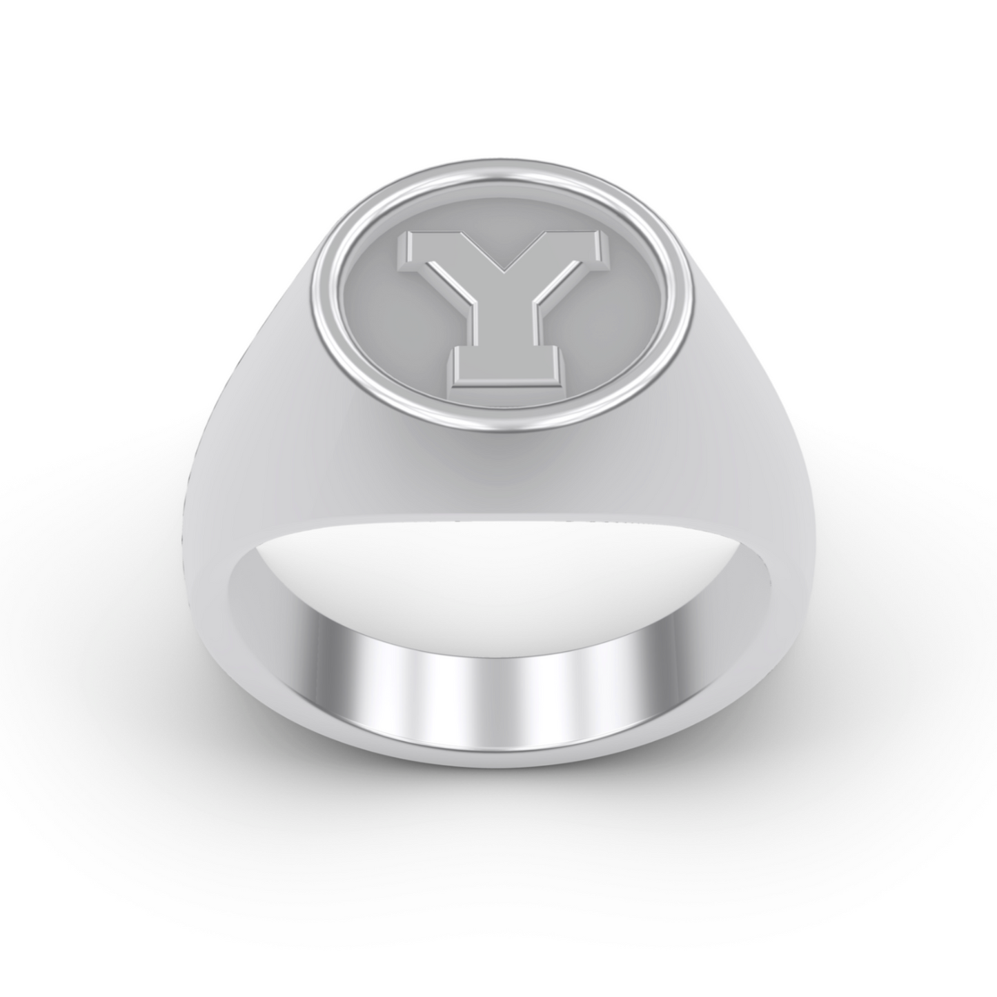 STERLING SILVER Y FRONT VIEW STERLING SILVER 14K GOLD PLATINUM SIGNET RINGS BYU "Y" LETTER RING DESIGNED AND MANUFACTURED IN LOS ANGELES CALIFORNIA