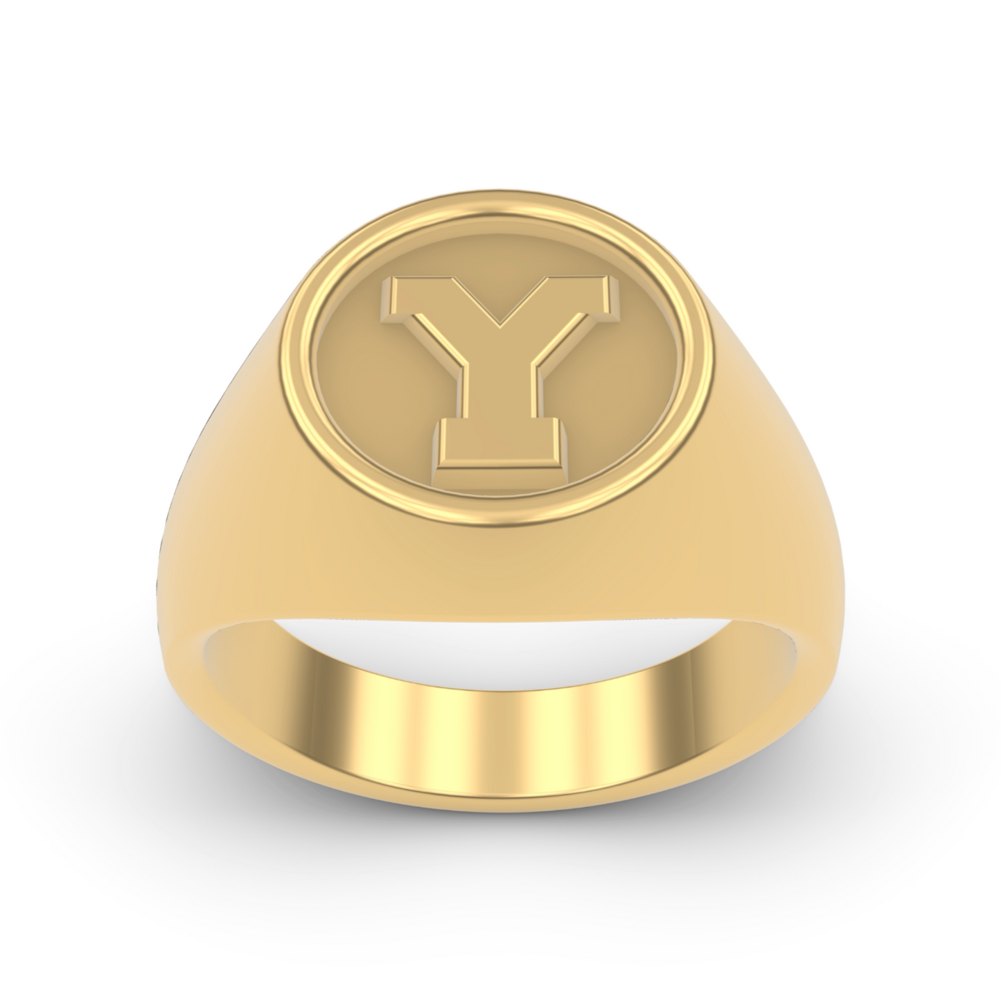 14K GOLD FRONT VIEW STERLING SILVER 14K GOLD PLATINUM SIGNET RINGS BYU "Y" LETTER RING DESIGNED AND MANUFACTURED IN LOS ANGELES CALIFORNIA 