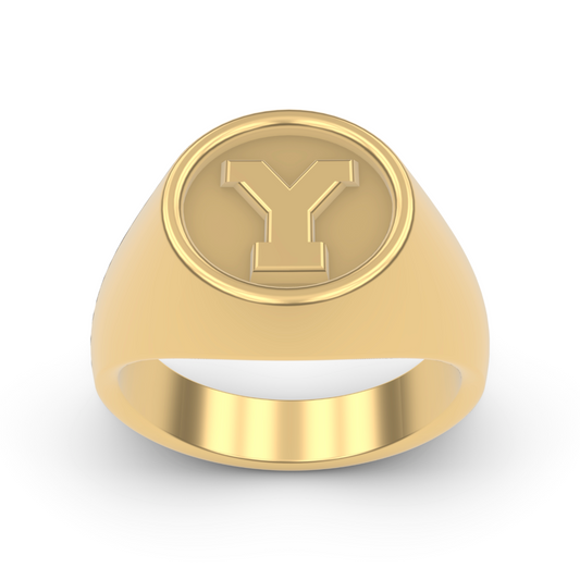 14K GOLD FRONT VIEW STERLING SILVER 14K GOLD PLATINUM SIGNET RINGS BYU "Y" LETTER RING DESIGNED AND MANUFACTURED IN LOS ANGELES CALIFORNIA 