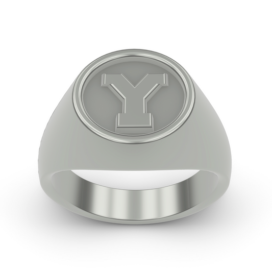 PLATINUM Y FRONT VIEW STERLING SILVER 14K GOLD PLATINUM SIGNET RINGS BYU "Y" LETTER RING DESIGNED AND MANUFACTURED IN LOS ANGELES CALIFORNIA 