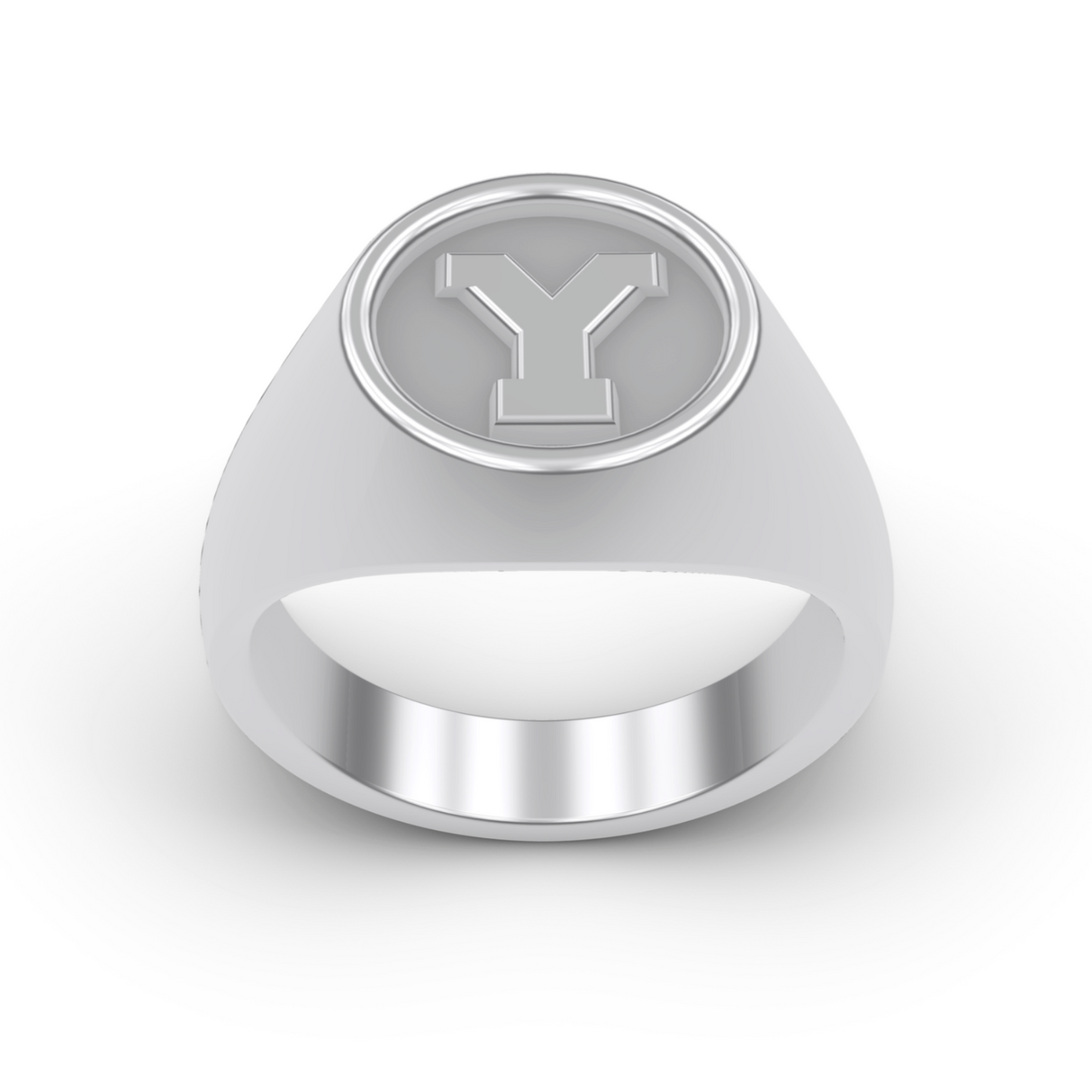 STERLING SILVER Y FRONT VIEW STERLING SILVER 14K GOLD PLATINUM SIGNET RINGS BYU "Y" LETTER RING DESIGNED AND MANUFACTURED IN LOS ANGELES CALIFORNIA 