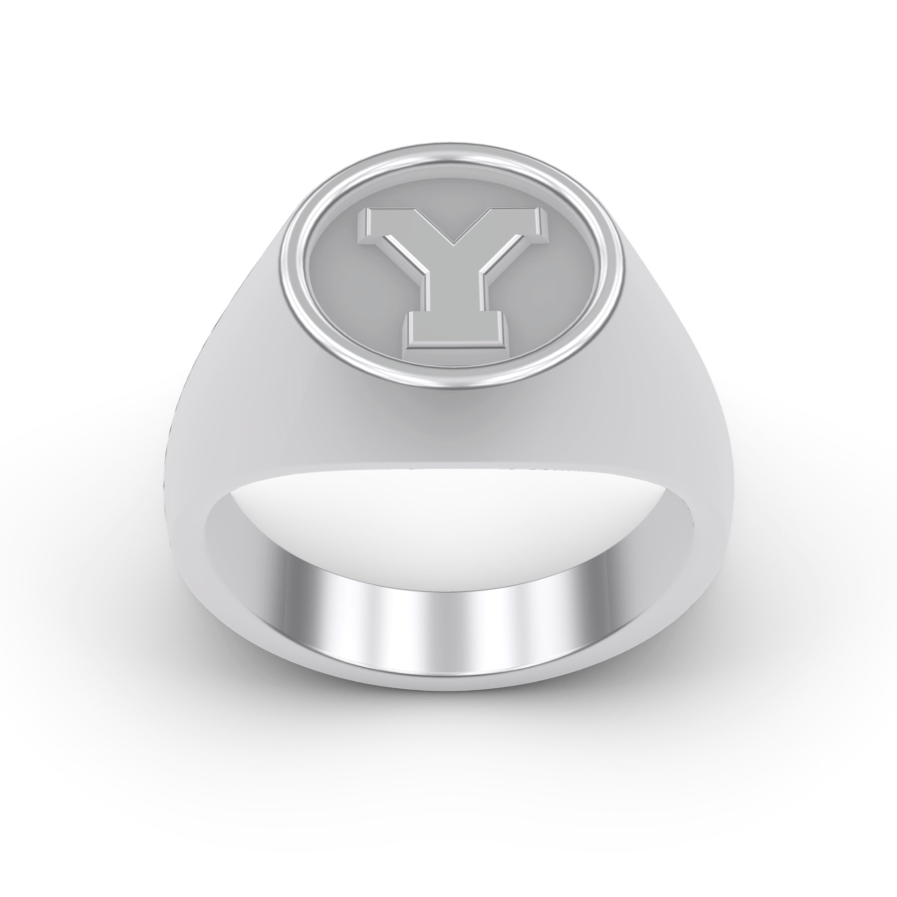 STERLING SILVER Y FRONT VIEW STERLING SILVER 14K GOLD PLATINUM SIGNET RINGS BYU "Y" LETTER RING DESIGNED AND MANUFACTURED IN LOS ANGELES CALIFORNIA 