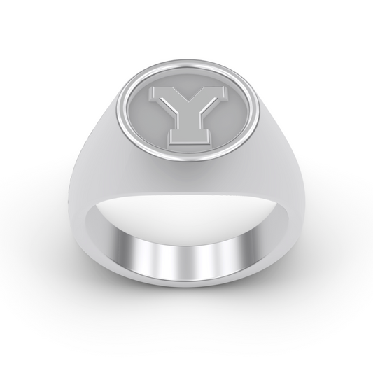 STERLING SILVER Y FRONT VIEW STERLING SILVER 14K GOLD PLATINUM SIGNET RINGS BYU "Y" LETTER RING DESIGNED AND MANUFACTURED IN LOS ANGELES CALIFORNIA 